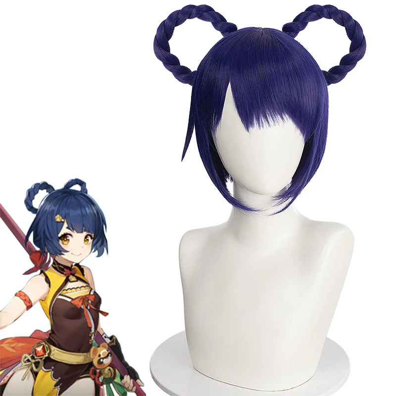 

Game Genshin Impact Xiangling Cosplay Wigs Dark Blue Short Braided Style Heat Resistant Synthetic Hair Wigs