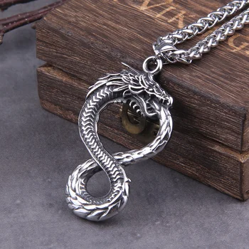 

Never Fade Norse dragon snake Unlimited Self-devourer Ouroboros pendant necklace with wooden box as gift