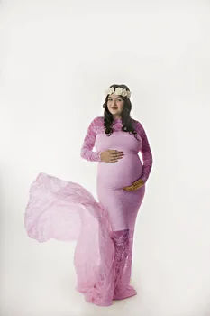 

Lace Gary Pregnant Women's Tailoring Dress Photography Long Sleeve Dress Tail Dress for Pregnant Women with Lace Cutout