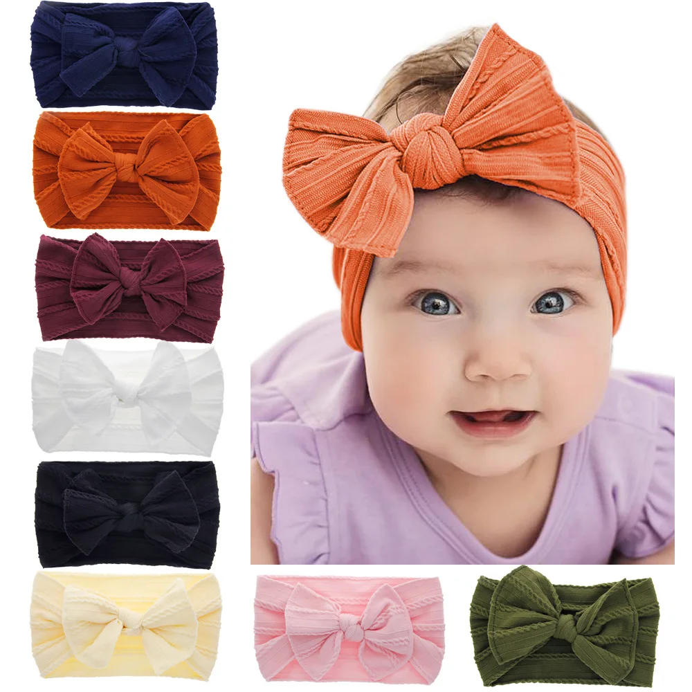

Jacquard Rib Wide Nylon Newborn Headband Knotted Bow Hair Band Braid Bows Baby Hair Accessories for Infants 8 Colors