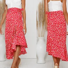 Юбки средней длины с разрезом с высокой талией, Женская Повседневная шикарная летняя юбка в горошек, сексуальная высокая модная юбка в стиле бохо, W3