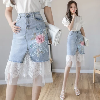 

Women Denim Skirt 2020 Summer Fashion Mesh Splicing Embroidery Long Skirt Tulle Falda Aesthetic Lace Voile Mid-Calf Empire
