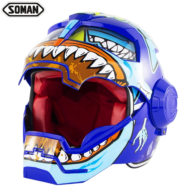 Soman Casco, мотоциклетный шлем с мультяшным принтом рыбы, каска, полное лицо, Casco, откидной модульный робот, мотоциклетный шлем для детей, мотоциклетный шлем