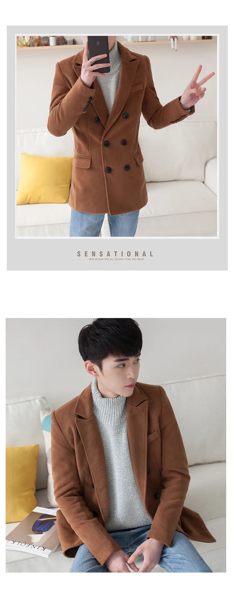 Men Winter Wool Double Breasted Coat Korean Fashion Warm Jacket Slim Fit Middle Long Blend Coat Men Solid Color Overcoat