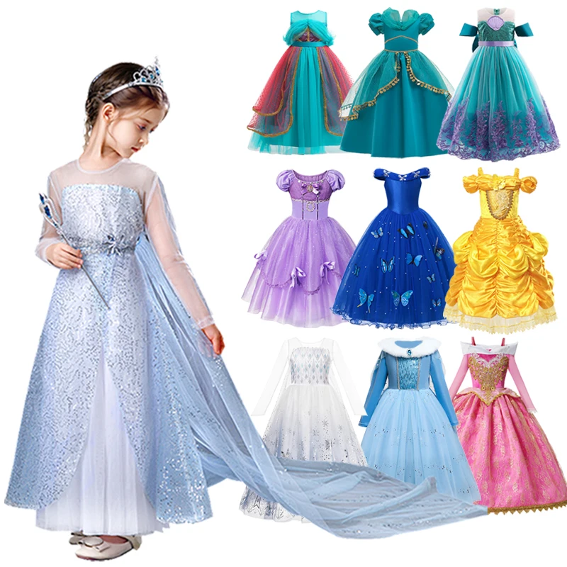 Disney Children Ball Gown Dress Frozen Elsa Mermaid Princess Cosplay Jasmine Costume Girls Birthday Halloween Clothes |