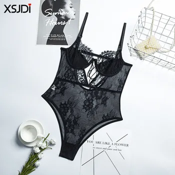 Women's Lace Bodysuit Erotic Exotic Mesh Teddy See-through Dress Belted Underwear Transparent Bodysuit Sexy Clothing 4