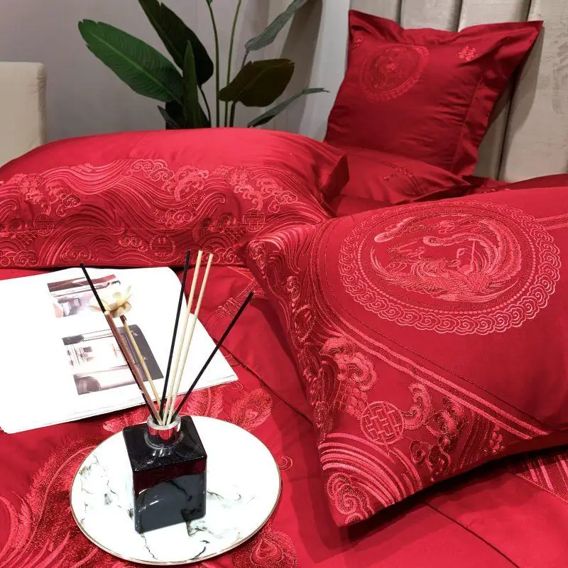 Century wedding Bedding Set red embroidery Bed Set 100S Long-staple cotton Duvet Cover Set Queen King size Bed Sheet Pillowcases