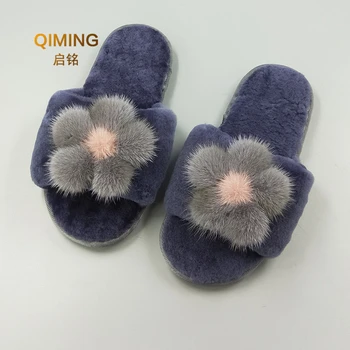 

Woman Winter Autumn Wool and Fur Mink Flower Ornaments Home Indoor Shoe Slippers Sheepskin Fur Slippers Home Shoes Women Slides