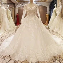 LS70776 свадебное платье с рукавами с белым цветом слоновой кости элегантный кружевной свадебное платье с длинными рукавами бальное платье хрустальные свадебные платья с длинным хвостом реальных фотографий