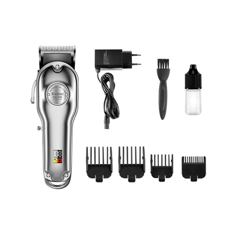 

Kemei Hair Clipper KM-1986 Rechargeable Cutter Head Adjustable LCD Display Carbon Steel Cutter Head Hair Clipper EU Plug