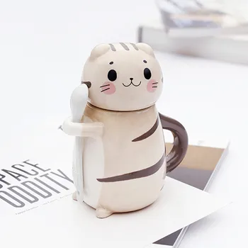 

New Cute Cat Ceramics Coffee Cup Mug With Lid Spoon Animal Mugs Creative Handmade Painted DrinkwareNovelty Gifts Tea Milk Cups