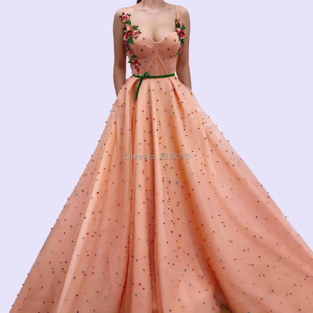

A-Line Sweetheart Orange Tulle Evening Dress Spaghetti Strap Applique Green Sash Formal Dress Full-Length Beaded Lady Dress