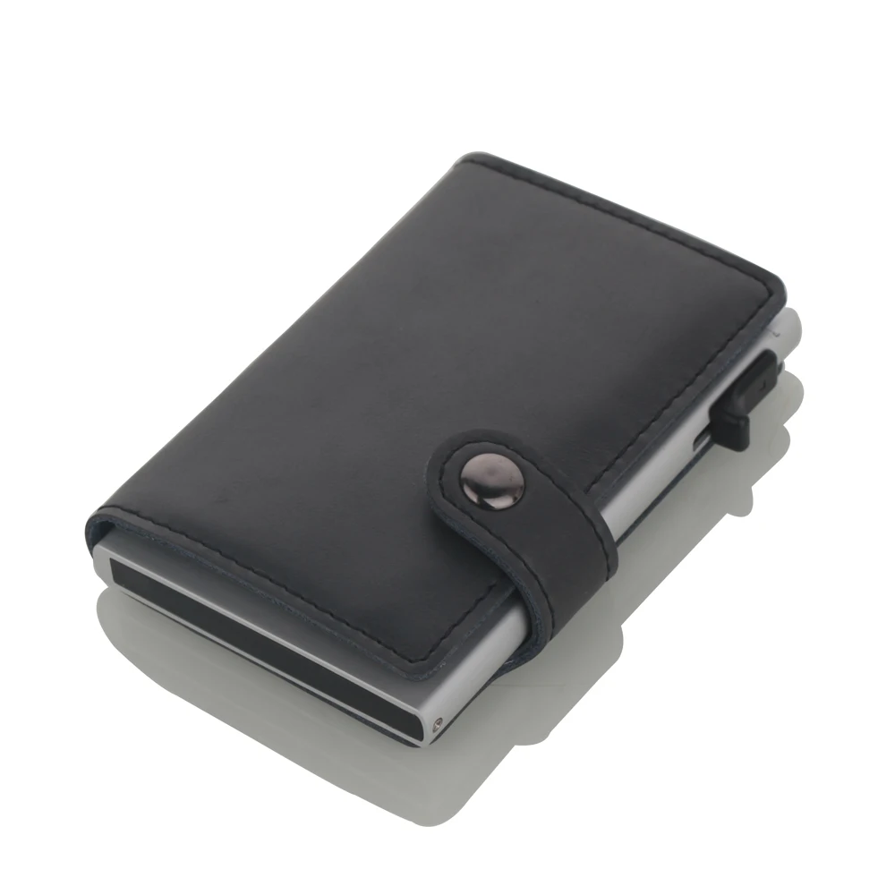 Новая мода Натуральная кожа держатель для карт Блокировка Rfid кошелек Бизнес алюминиевый кредитный держатель для карт автоматический всплывающий Чехол для карт - Цвет: Black