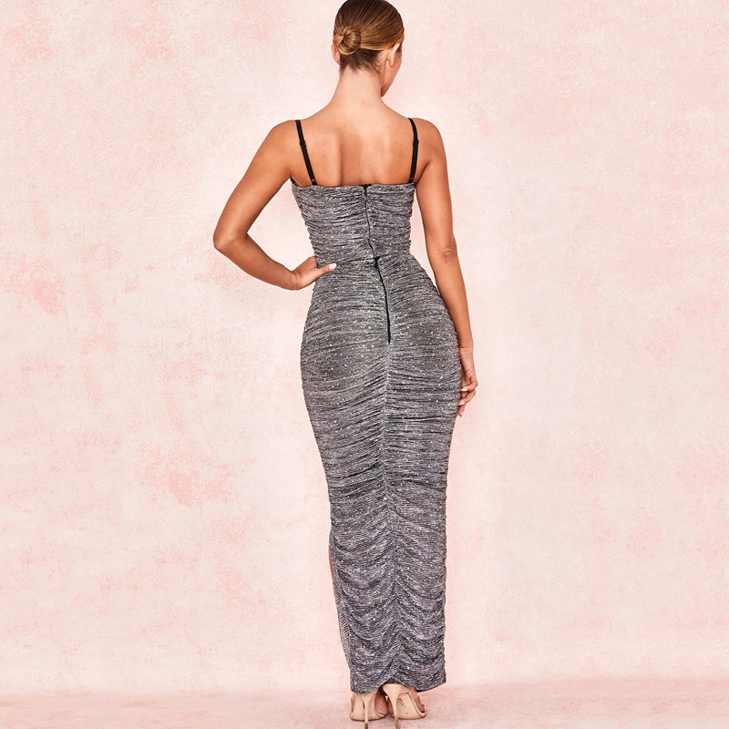 Slaygirl сексуальное длинное платье элегантный Разделение Для женщин Bodycon платье Вечерние драпированные Спагетти ремень лето-осень Макси платье для клуба; Vestidos