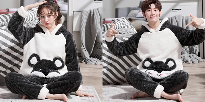 Зимняя пара фланелевых пижам с милыми животными из мультфильмов, Женский пижамный комплект, плотная теплая плюшевая ткань, пижама с длинным рукавом, домашняя одежда