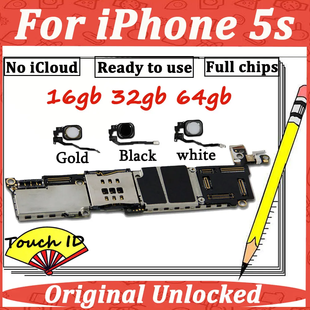Оригинальная материнская плата для iPhone 5S, 16 ГБ, 32 ГБ, 64 ГБ, W/No Touch ID, отпечаток пальца, кнопка Home, полная функция, материнская плата iCloud, разблокировка