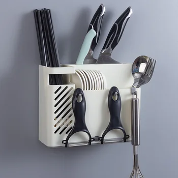 

Moistureproof Multifunction Punch Free Wall Mounted Large Capacity Storage Drain Tray Kitchen Fork Spoon Tableware Rack Firmly
