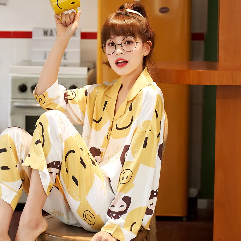 Милая Пижама с улыбающимся рисунком шелковая атласная Повседневная Домашняя