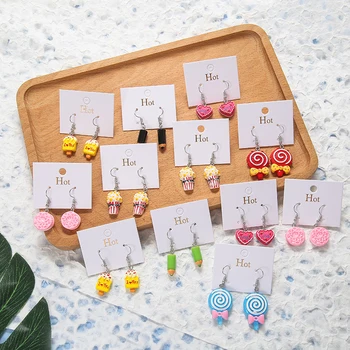 

12 pair/set Cute Lollipop Cake Resin Funny Food Candy Dangle Earrings For Women Fish Popcorn Drop Earrings