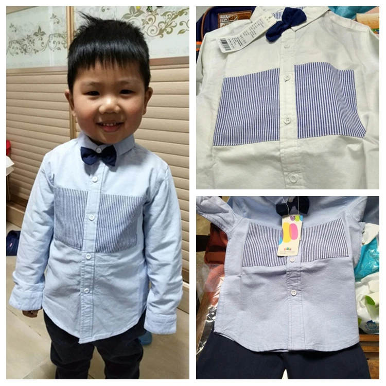 Kids Shirt 2018 Spring Autumn New Design Cotton Long Sleeve Stripe Solid Color Bow Turn-Down Collar For Boys Shirt