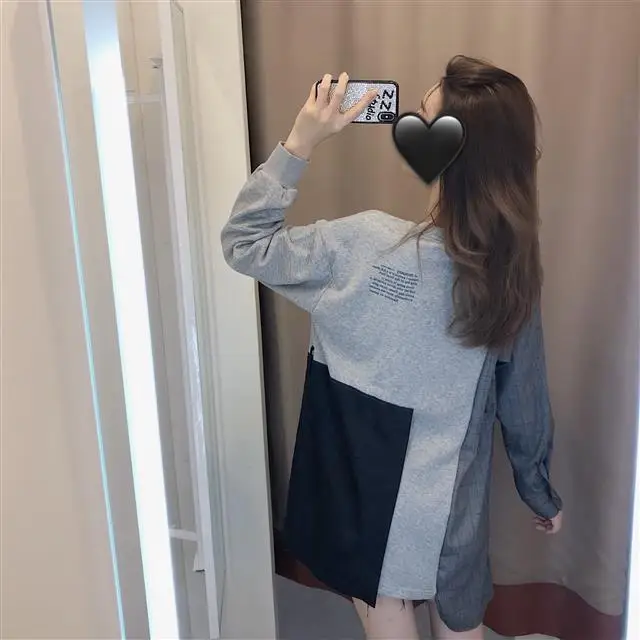 Neploe Ins/пуловер с круглым вырезом; толстовки; Femlae; контрастный цвет; пэчворк; 2 вещи в комплекте; дизайнерская клетчатая толстовка с поясом; топ с длинными рукавами; 48213