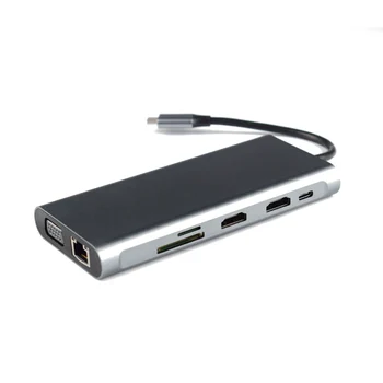

11 in 1 Type C Hub USB C to 2xHDMI+VGA+4xUSB3.0+RJ45+PD+TF Cards Reader