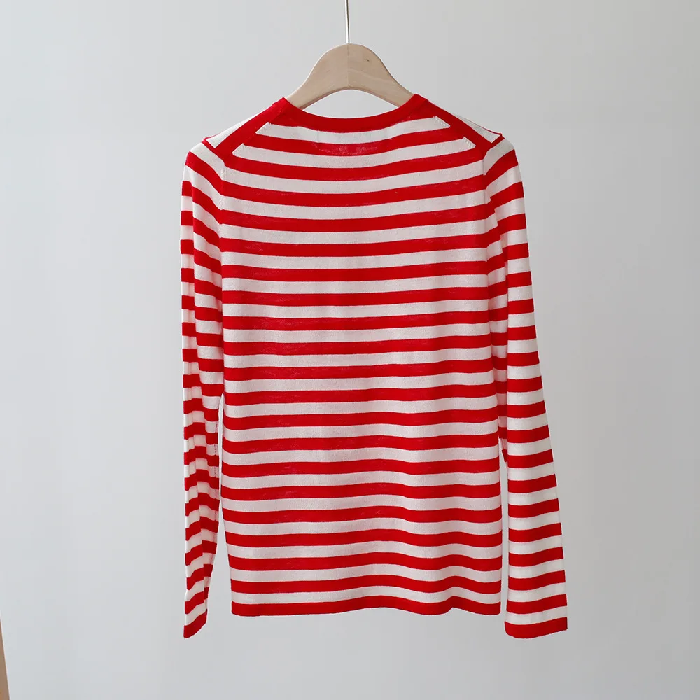 Women Sweater 209 Autumn New Fine Imitation Superfine Wool Striped Contrast Color Sweater Female Round Neck Pullover Long Sleeve