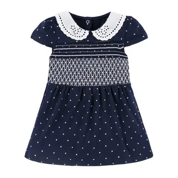 

Little Maven New Summer Kids Dots Printed Blue Turn-down Collar Lace Smock Cute Girls 2-7yrs Cotton Knitted Princess Dresses