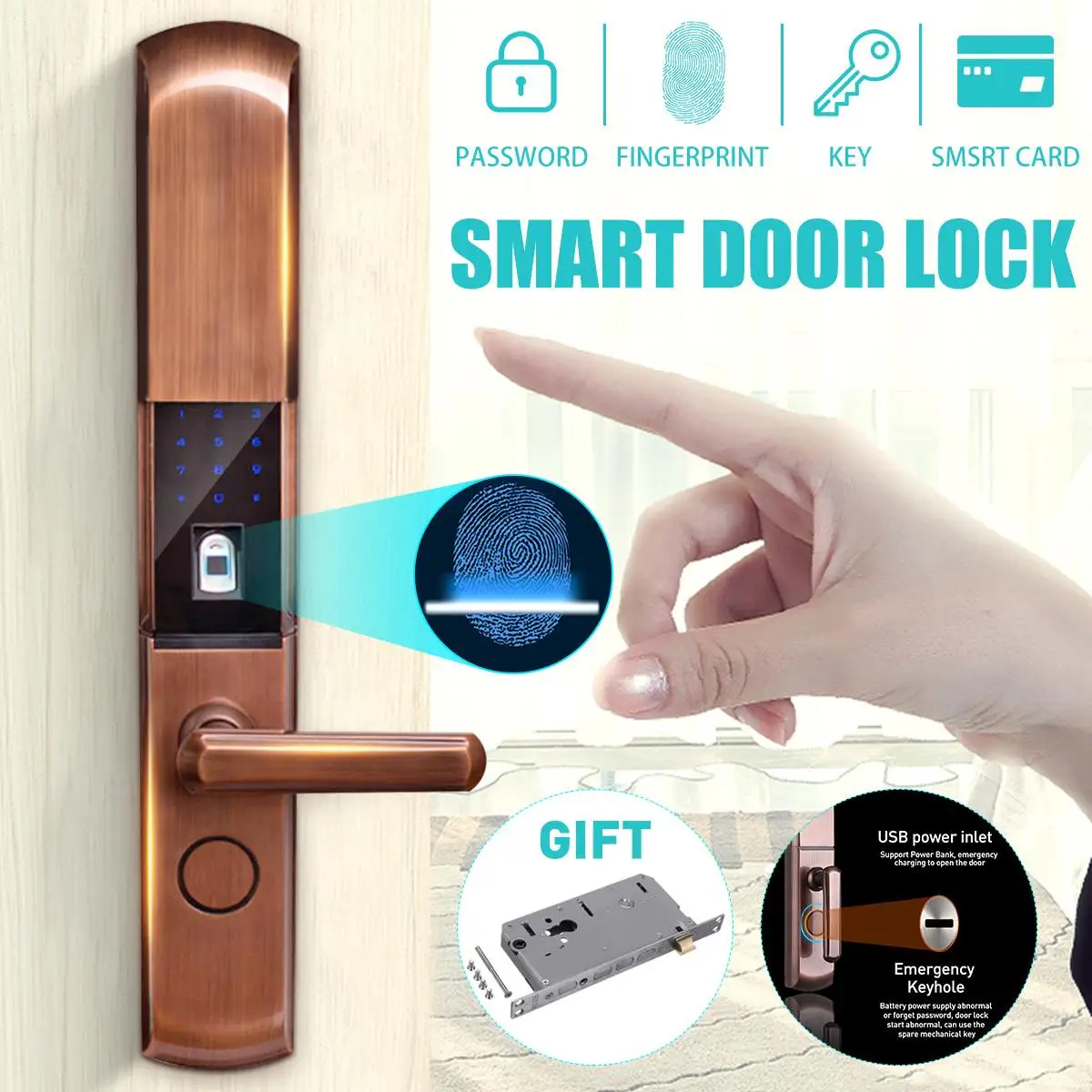 

5 Way Security Electronic Digital Smart Door Fingerprint Lock APP+Touch Password+Key+Card+Fingerprint Door Lock Electronic Hotel