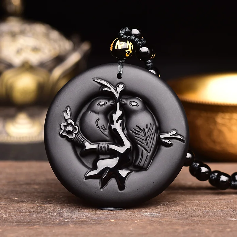 Natural Black Obsidian Bead Necklace Hand-Carved Magpie Jade Pendant Fashion Auspicious Jewelry Man Women LUCK Amulet Gifts | Украшения и