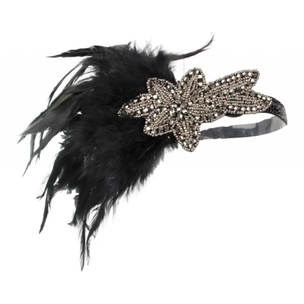 Women's Vintage Feather Headband, Black Rhinestone Applique 20s Flapper Headband - Roaring 1920s Headpiece - Shiny Elastic Band