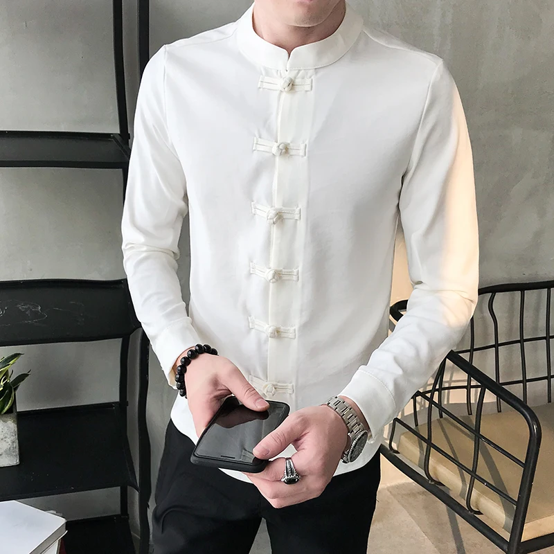 Китайский стиль Slim Fit Мужские рубашки деловая повседневная одежда рубашка хлопок удобный Тан костюм с пряжкой Мужская рубашка с длинными рукавами