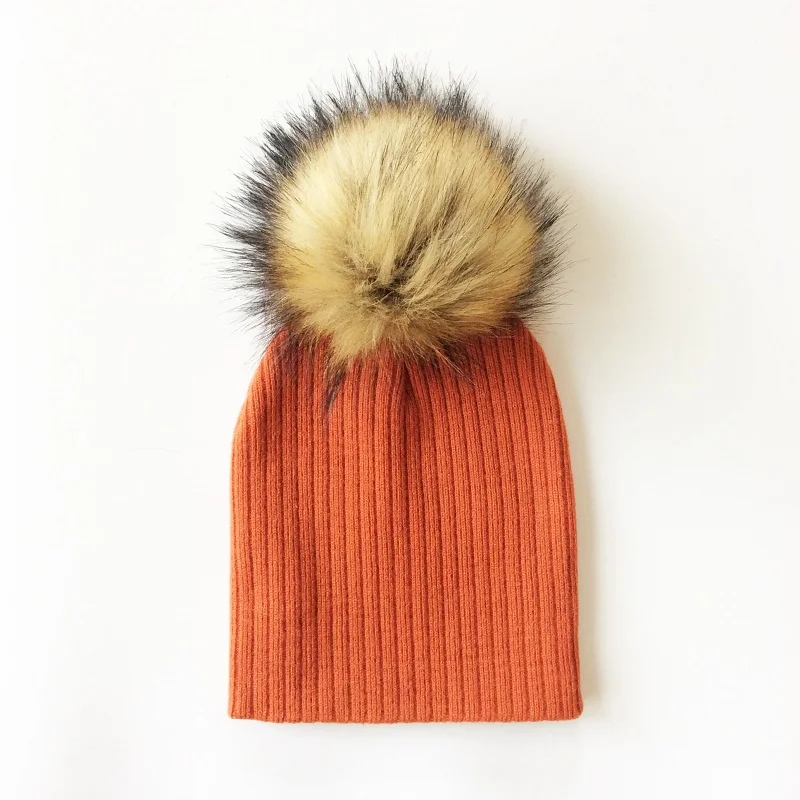 Детская шапка, вязаные зимние детские шапки, детская шапка, шапка из искусственного меха для девочек и мальчиков, вязаная шапка с помпоном - Цвет: orange