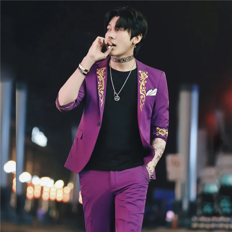 Violet Роскошные свадебные костюмы с вышивкой, мужской костюм, Homme, короткий рукав, комплект из 2 предметов, приталенный, Повседневный, смокинг, Terno Smoking Homme Mariage - Цвет: Violet