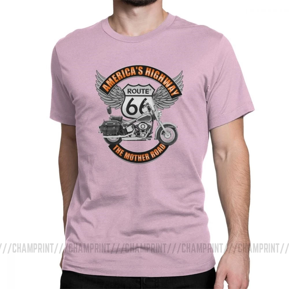 Мужские футболки с американским шоссе Route 66 Mother Road, классические ретро топы из хлопка, винтажные футболки, оригинальные футболки - Цвет: Розовый