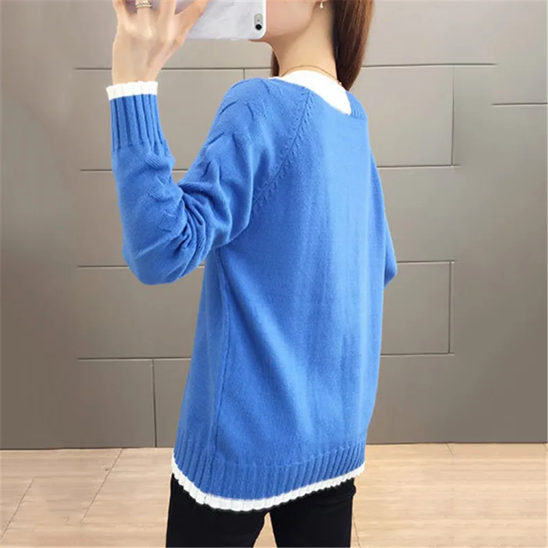 Женский свитер, свободный, сшитый, цветной, длинный рукав, свитера, Осень-зима, корейский, мягкий, эластичный, теплый, вязаный свитер, Feminina LD703