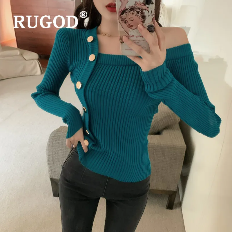 RUGOD сексуальный вязаный свитер с открытыми плечами для женщин, модный дизайн с пуговицами, тонкий высокоэластичный пуловер, весенний зимний шикарный свитер