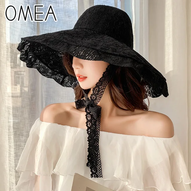 Omea straw hat women summer floral lace beach hat holiday sun visor strap adjustable wide brim floppy hat girl cap elegant