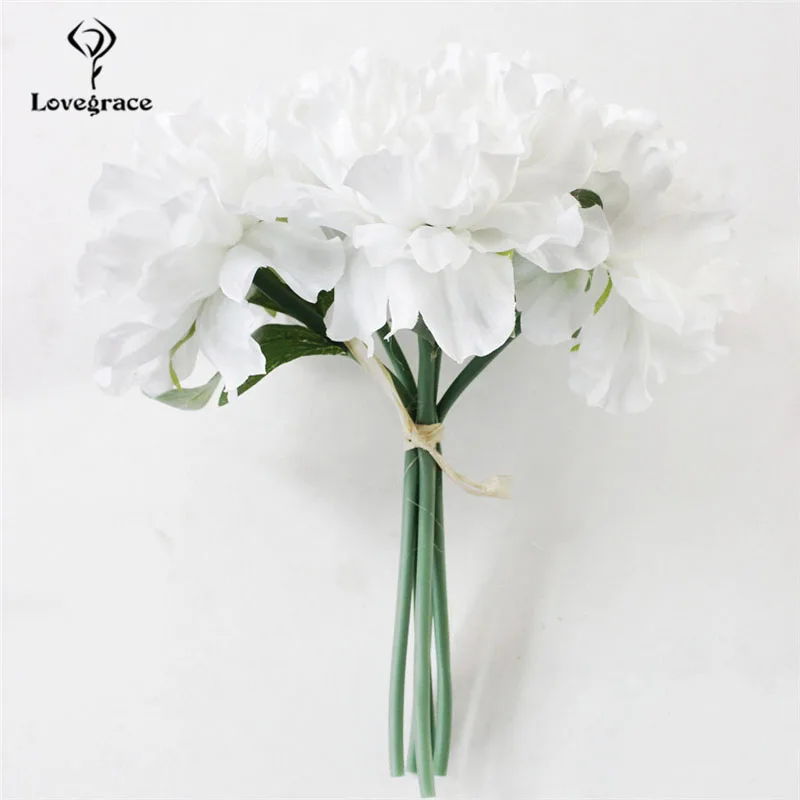 Lovegrace Bridesmaid Bouquet Artificial Silk Flower 5 Heads Peony Blue Bouquet Office Home Wedding Decor DIY Flower Arrangement
