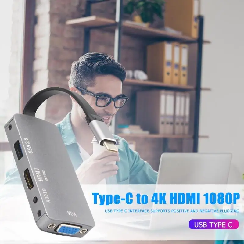USB C концентратор адаптер usb type C к HDMI 4K VGA 1080P 3,5 мм Портативный высокопроизводительный цифровой чип обработки USB 2,0 сплиттер кабель