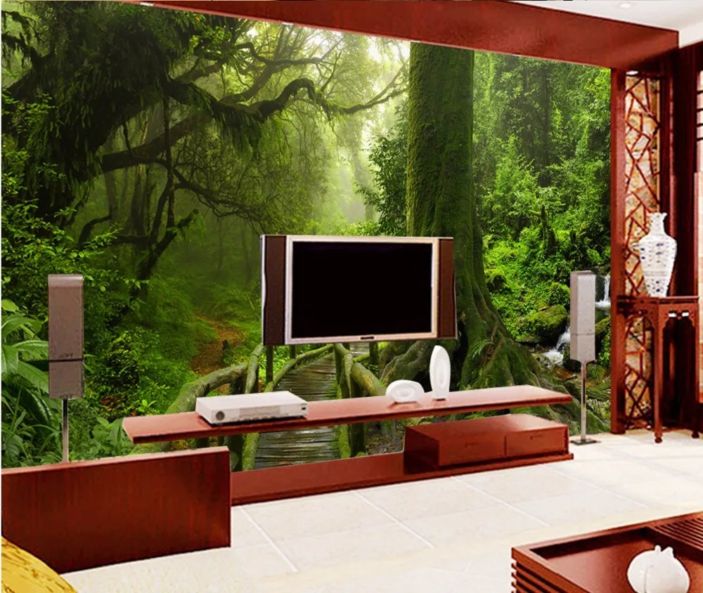 

Dropship Custom Room Wallpaper Landscape Green Tree Tropical Rain Forest Mural Wall Background Living Room Hallway Wallpaper