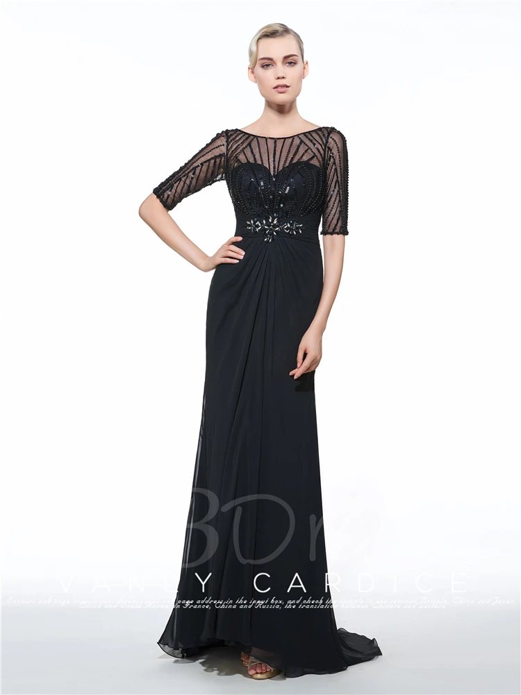 robe de soiree courte saree Майкл корнс расшитые бисером Горячие сексуальные черные вечерние длинные платья с коротким рукавом для матери невесты
