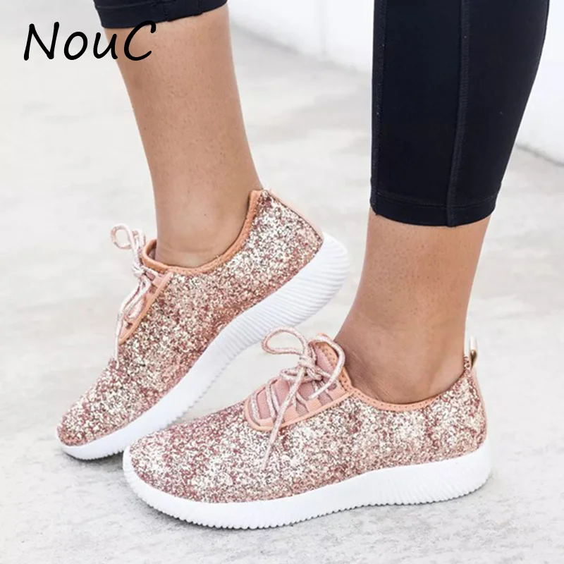 

NouC Vulcanized Shoes Women Casual Shoes Women Glitter Sneakers Bling White Sneakers Lace-up Sparkly Shoes zapatos mujer 2020