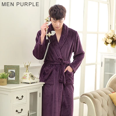 Men Purple Лидер продаж, Классический шелковый мягкий длинный халат для влюбленных, мужской банный халат-кимоно, мужской фланелевый теплый халат, роскошная гостиничная кораловые халаты - Цвет: Men Purple