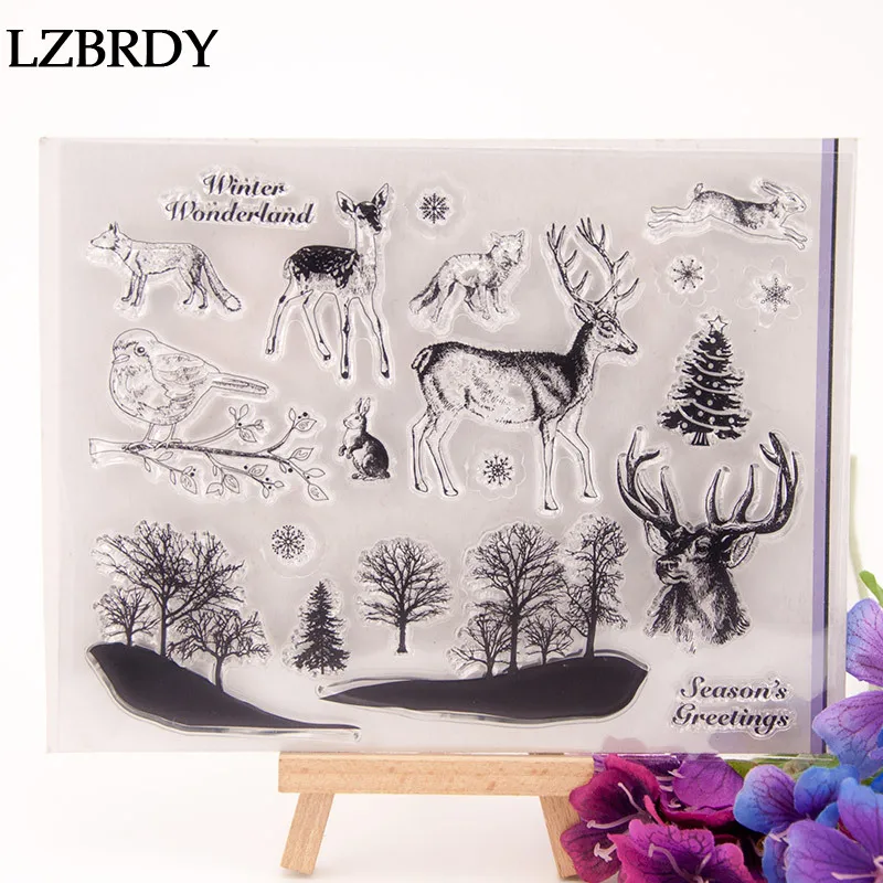 

1 Pack Tree Christmas Deer Rabbit Tiger Stamps Snow Flower Clear Rubber Stamps for Card Making Scrapbooking Clear Stamps