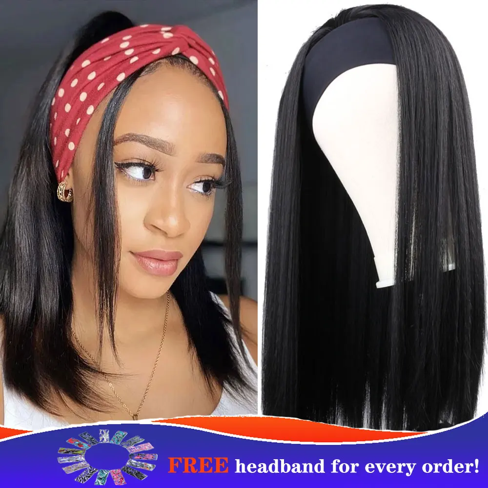 Peluca con diadema para mujer, pelo liso y negro de 16-24 pulgadas, peluca con diadema sintética Natural para mujer, peluca con diadema para uso diario