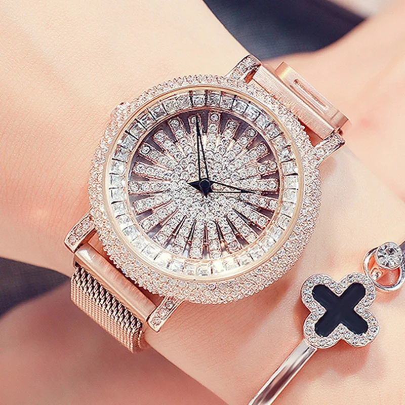 Роскошные женские часы, Круглый браслет с кристаллами и бриллиантами, Модные кварцевые наручные часы, Montre Femme Relogio Feminino - Цвет: RoseGold no bracelet