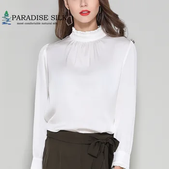 

Women Blouse Real Stretch Silk Long Sleeve Lady Ruffle Neck Shirt for Women Shirts Size L XL XXL XXXL
