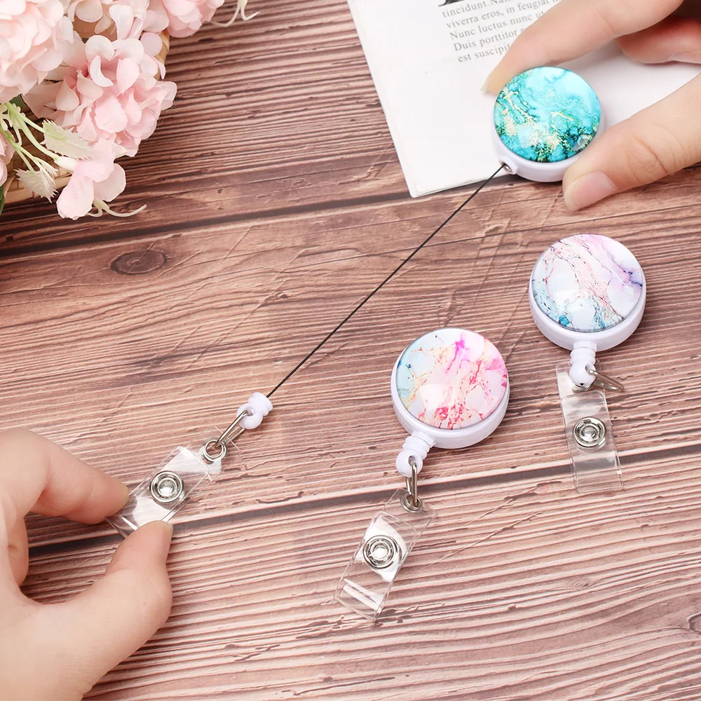 1PC Creative Starry Marble Retractable Nurse Badge Anti-Lost Reel Clip IC  Identification Name Card Plate Holder Office Supply
