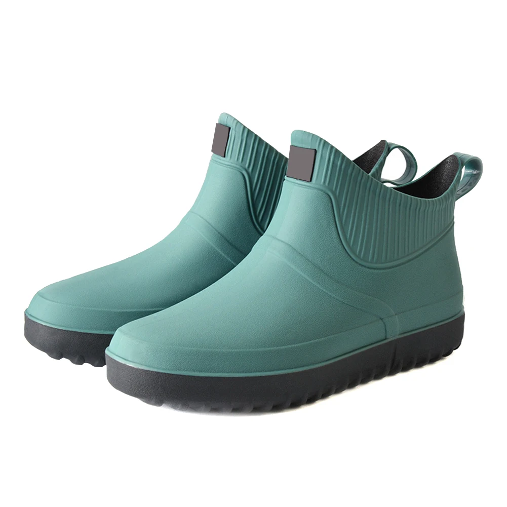 Новинка; Мужская Резиновая обувь для дождливой погоды без шнуровки; водонепроницаемые резиновые сапоги из ПВХ на низком каблуке - Цвет: Зеленый